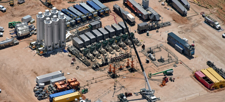 Aerial photo of a hydraulic fracturing equipment.